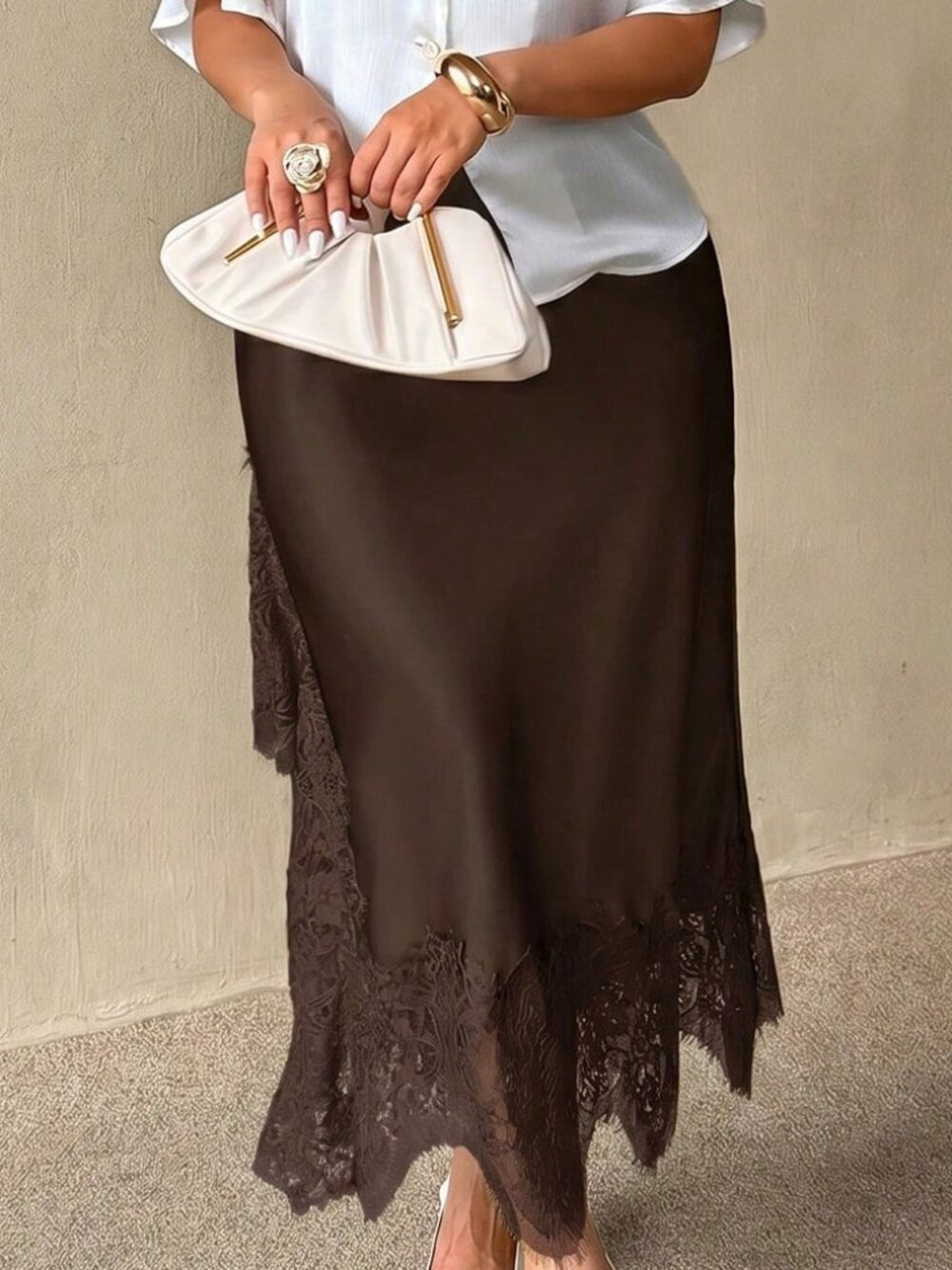 Brown Elegant Women's Plus Size Lace Patchwork Skirt - Picture 6 of 7